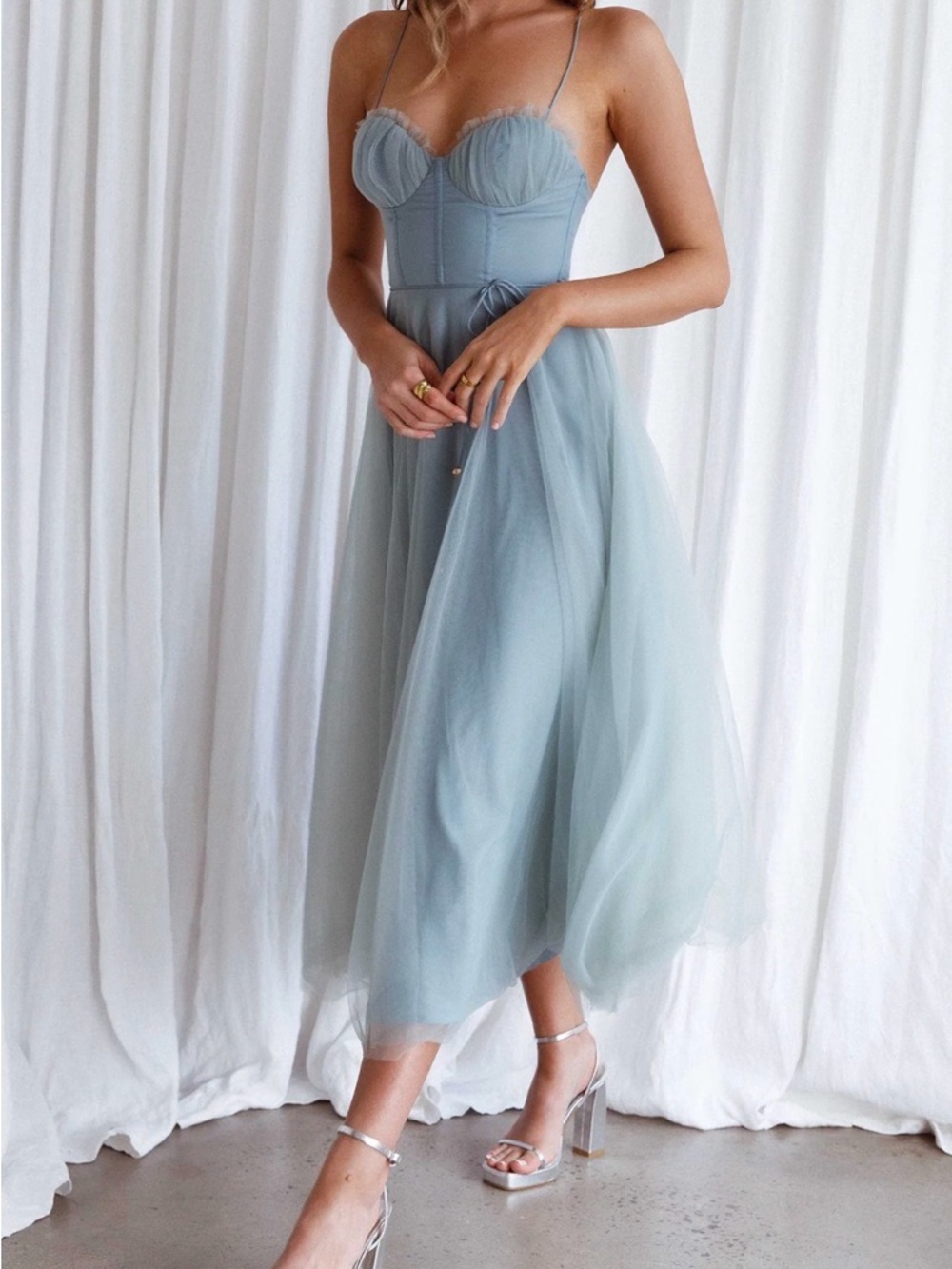 NEW Sage Chiffon Midi Dress with Bustier Style Bodice - Picture 2 of 5